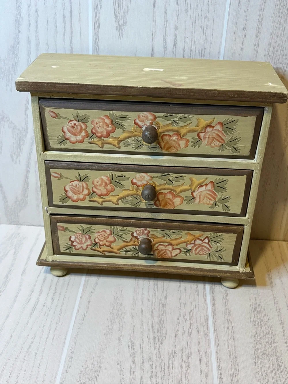 Vintage wooden jewelry box mini dresser floral cottage core